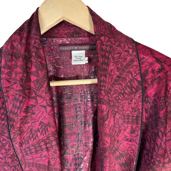 Peruvian Connection NWOT 100% Pima Cotton Wine Red/Black Print Belted Robe Sz L - Picture 2 of 6